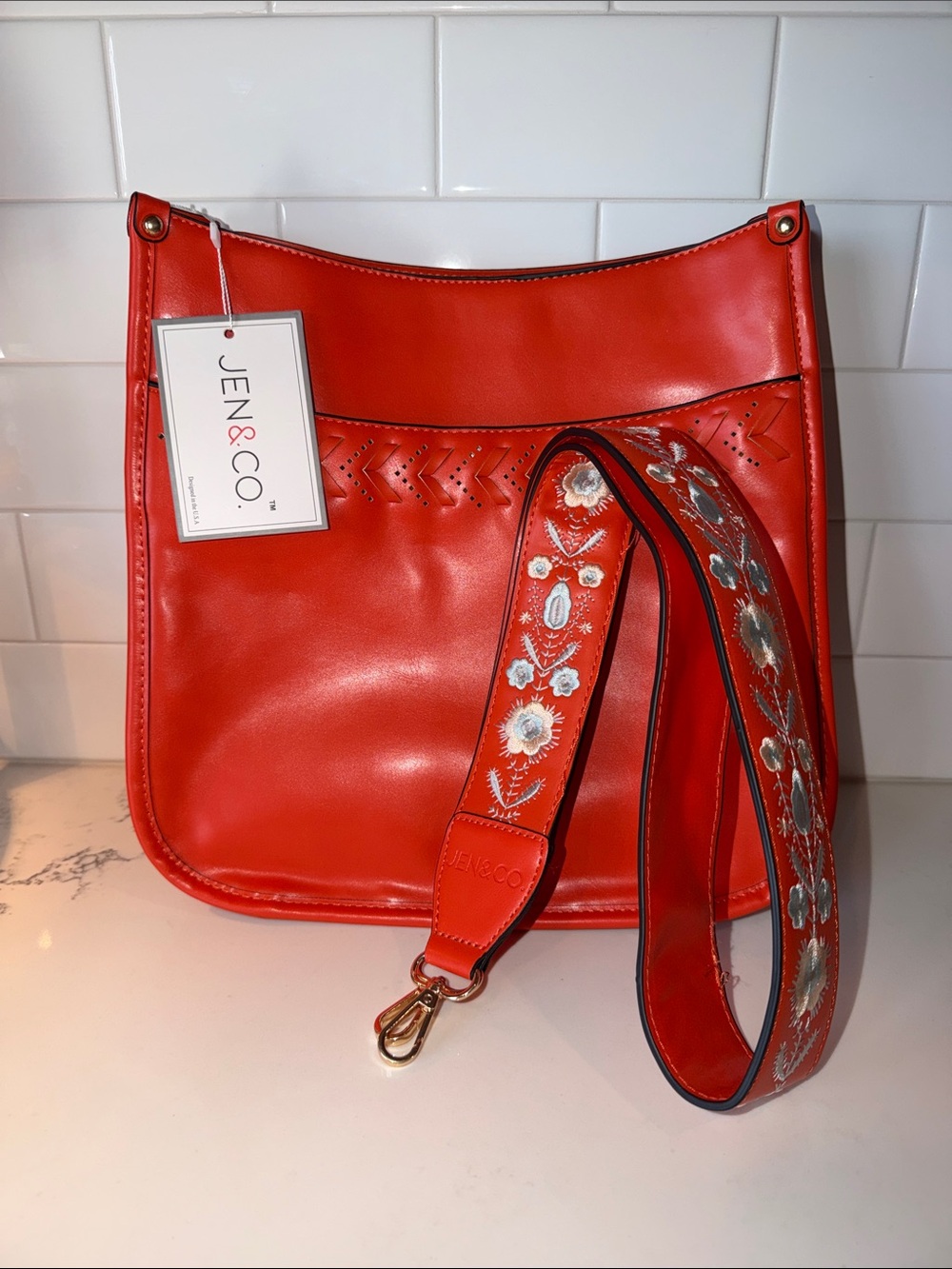 NWT - Orange Leather Shoulder Bag with Embroidered Strap